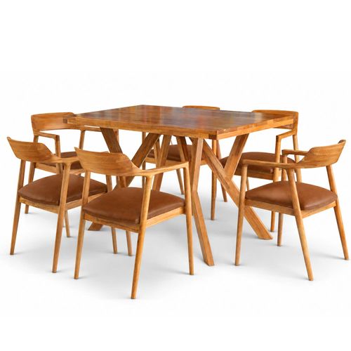 Juego de Comedor Mediterráneo 06 Sillas   Madera Tabaco